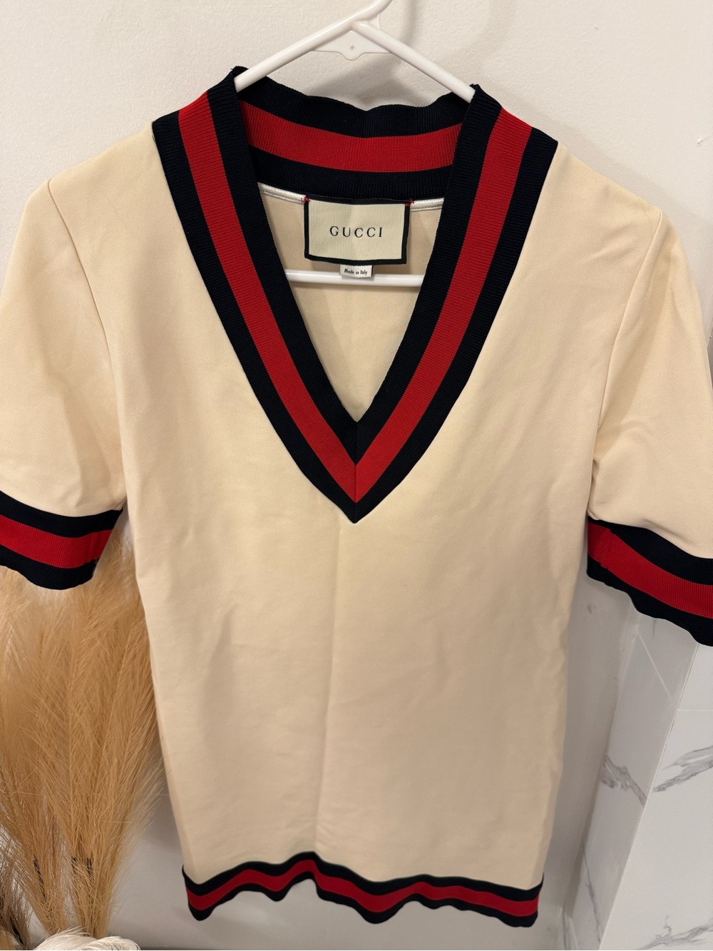 Gucci adults Cream Short-Sleeve Dress with Red & Black Trim